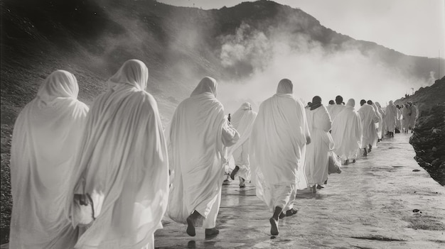 A group of Muslim pilgrims dressed in white robes walk along a path during the Hajj pilgrimage