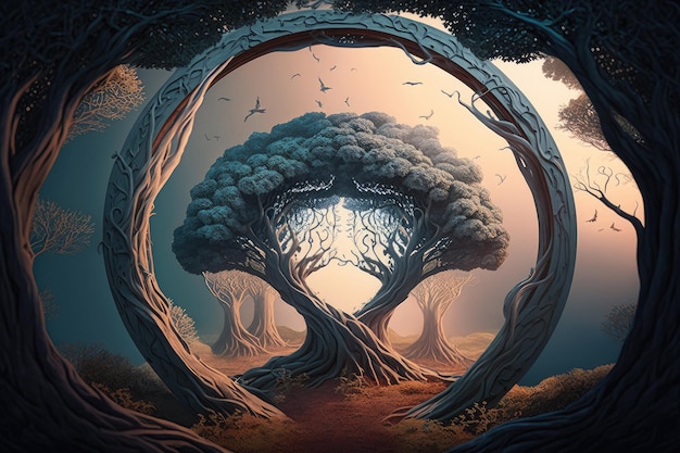 Group of mystical trees standing in circle with the center open for entrance created with generative ai