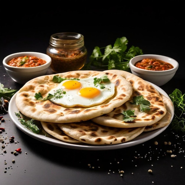 group of naan bread and egg pose and souse on transparent background