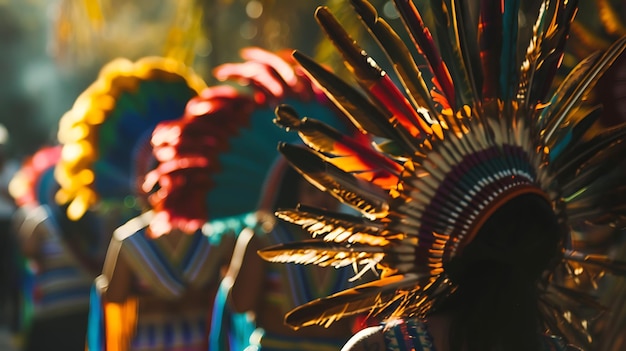 A group of Native American dancers in full regalia perform a traditional dance during a powwow