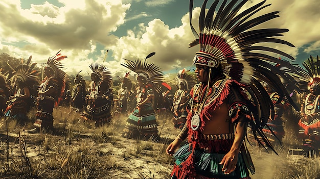 A group of Native American men in traditional dress are dancing in a field