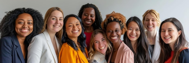 A group of nine diverse women are smiling and looking at the camera They are all wearing profe