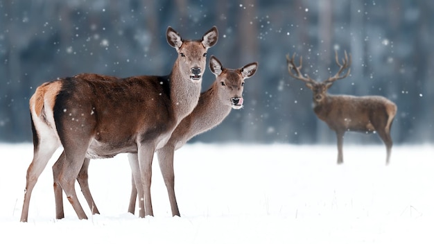 Group of Noble Deer in a snowy forest Winter wonderland