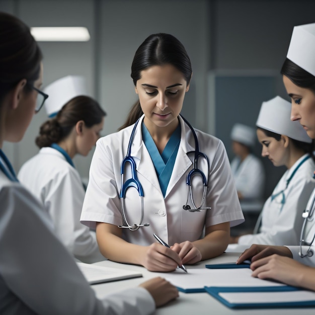 A group of nurses are gathered around a table with papers and one has a stethoscope around her neck.