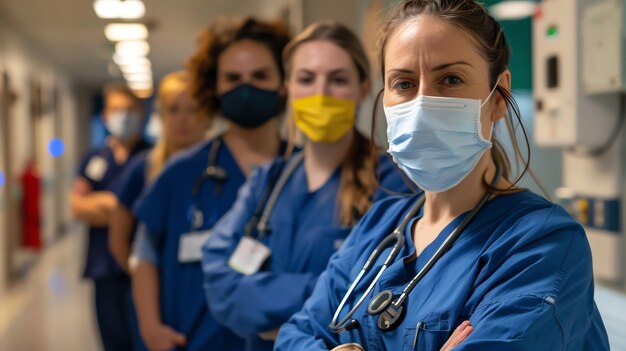 A group of nurses in scrubs and face masks stand in a hospital corridor