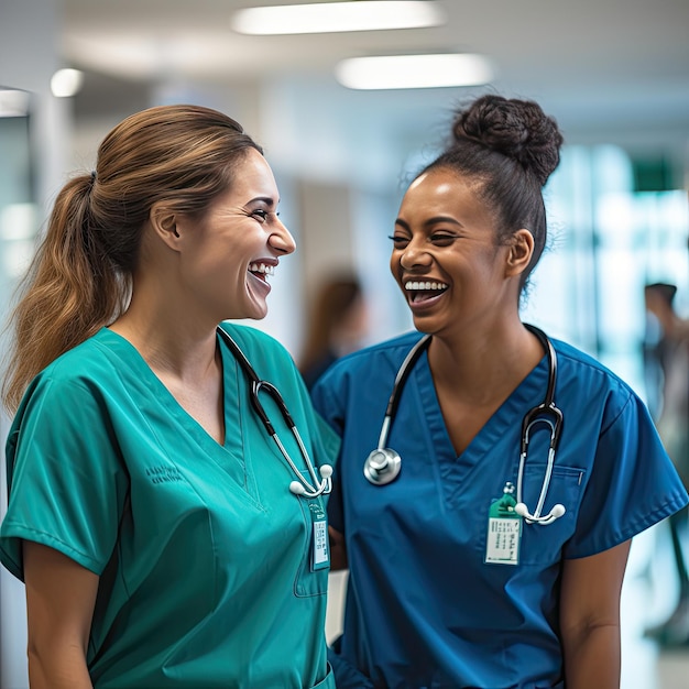 Group of nurses smiling as they move down a hospital corridor