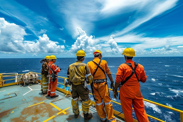 Group of oil rig workers in bright uniforms stand on a platform under a vivid blue sky with striking clouds Industrial and maritime setting Perfect for energy and offshore concepts Generative AI