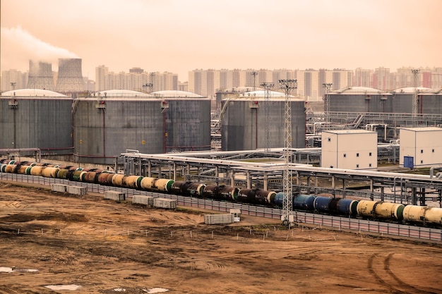 A group of oil tanks Oil logistics complex for sending oil by rail in tanks