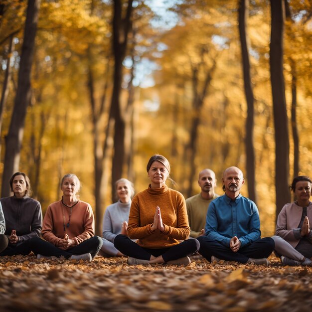 Photo group of old adults perform yoga exercises