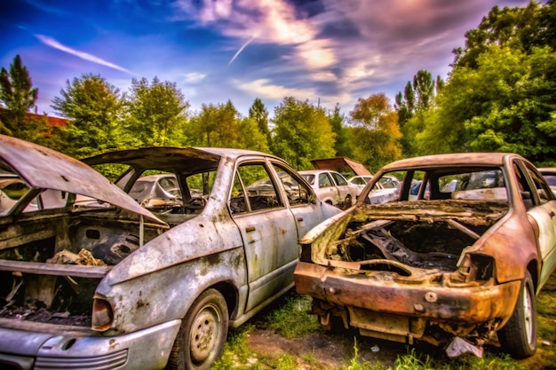 a group of old cars are parked in a field with trees in the background