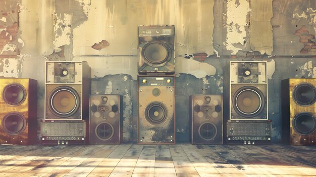 Photo a group of old music speakers are shown in a room with a wall that says  rock  on the bottom