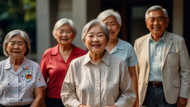 a group of older people stand in front of a building