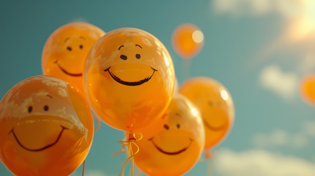 A Group of Orange Balloons With Smiley Faces Drawn on Them in the Sky Generative AI