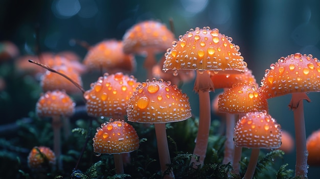 a group of orange mushrooms with rain drops on them