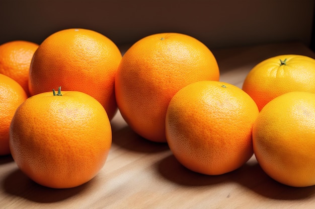 A group of oranges on a table with the light shining on them.