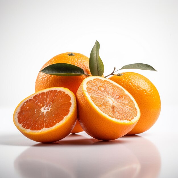 A group of oranges with one cut in half and one with leaves on it.