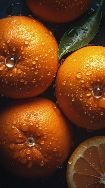 A group of oranges with water droplets on them