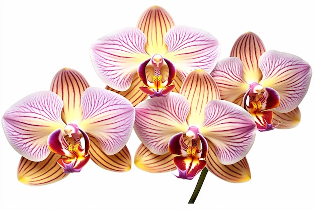 a group of orchids with pink and yellow stripes