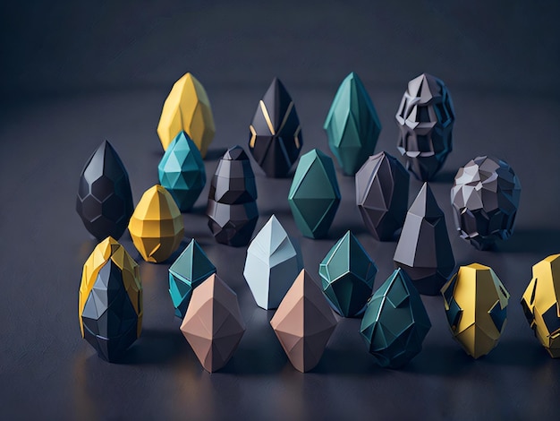 A group of origami eggs with different colors and black, yellow, and green.