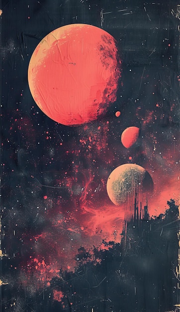 A group of outer and inner planets are seen in a space in the style of pop art silkscreening