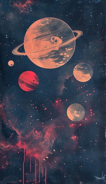 A group of outer and inner planets are seen in a space in the style of pop art silkscreening