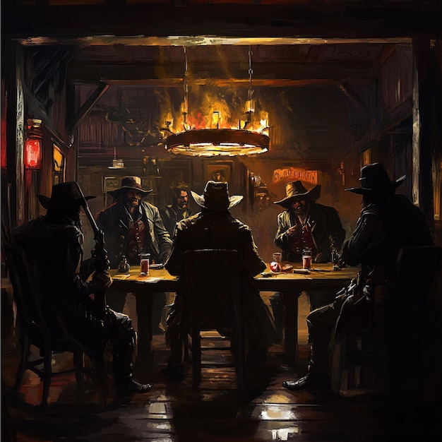 A group of outlaws planning a heist in a dimly lit saloon