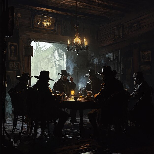 A group of outlaws planning a heist in a dimly lit saloon