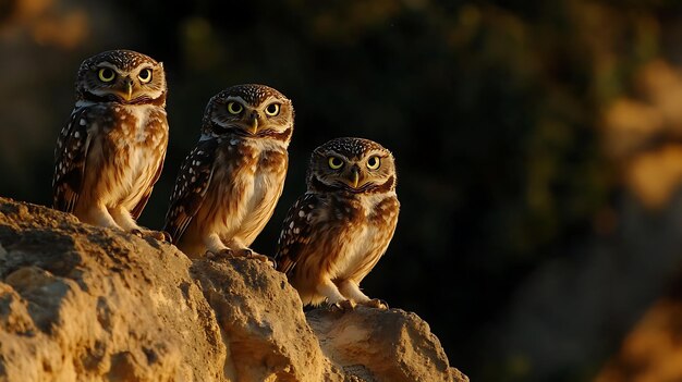 Photo a group of owls are standing on a rock with one of them looking at the camera