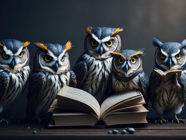 Group of owls reading book and learning ai generative