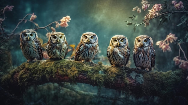 A group of owls sit on a branch