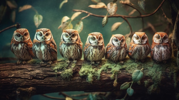 A group of owls sit on a branch