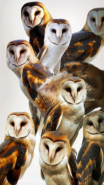 Photo group of owls strigidae barn owl tyto alba illustration