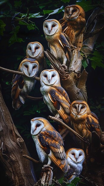 Photo group of owls strigidae barn owl tyto alba illustration