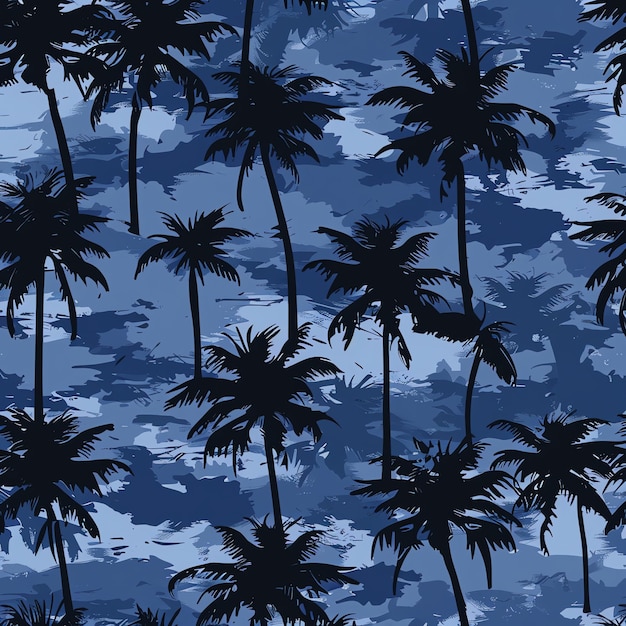 a group of palm trees with a blue background with a cloudy sky