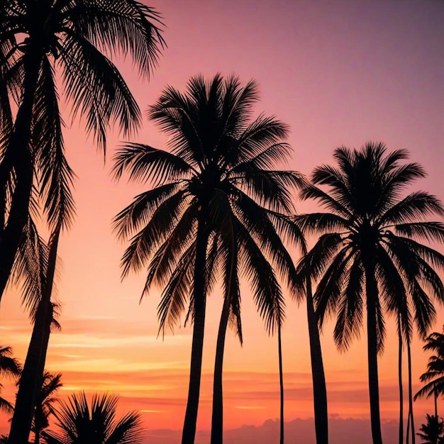 a group of palm trees with the sun setting behind them