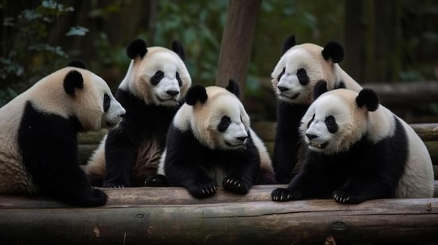 A group of pandas are sitting on a log.