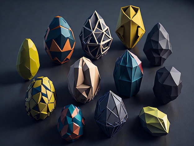 A group of paper easter eggs with different shapes and colors.