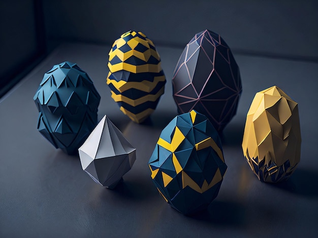 A group of paper eggs with different shapes and colors are on a dark surface.