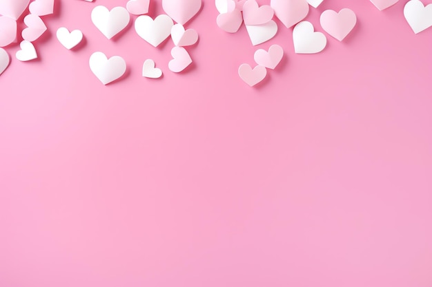 a group of paper hearts on a pink background