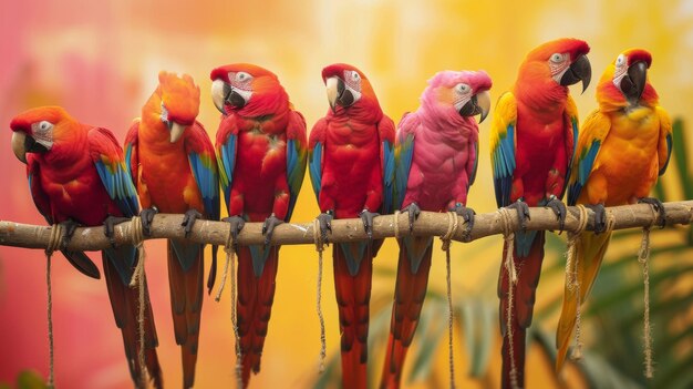 Photo a group of parrots are on a branch with one of them has a blue yellow and green blue red and green blue yellow and green colors