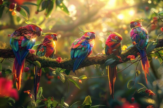 Photo a group of parrots are sitting on a branch with the sun shining through the leaves