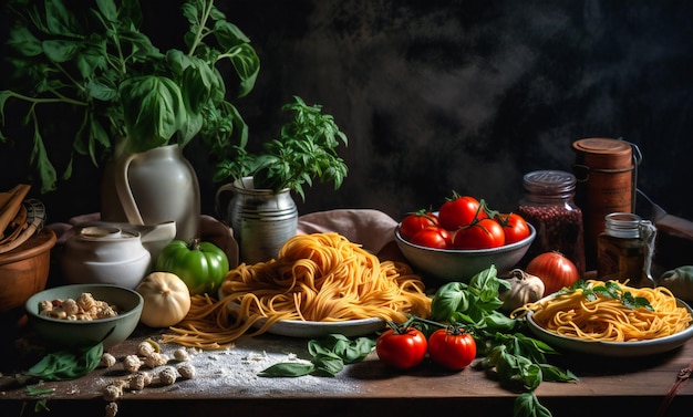 a group of pasta tomatoes with herbs and salt on a table