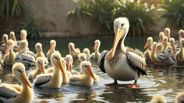 group of pelicans standing in a blue lagoon surrounded by palm trees