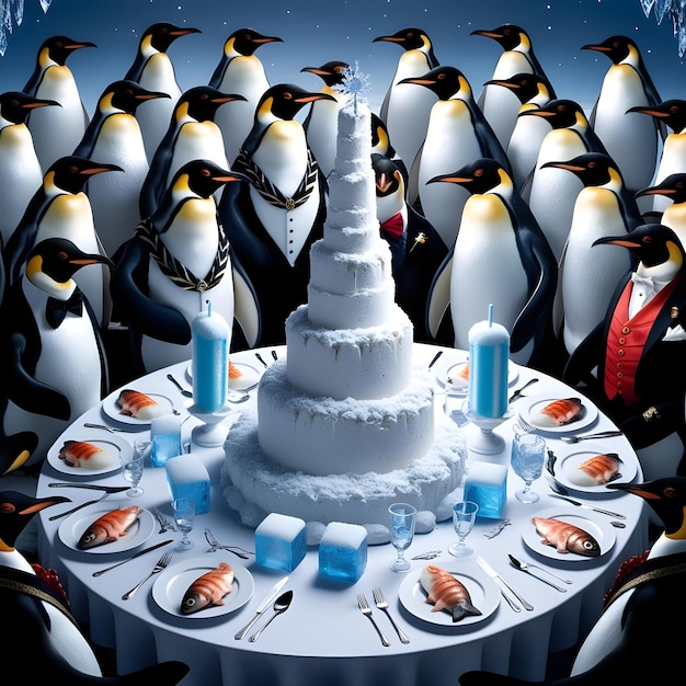 Photo a group of penguins are gathered around a table with a cake and ice cream