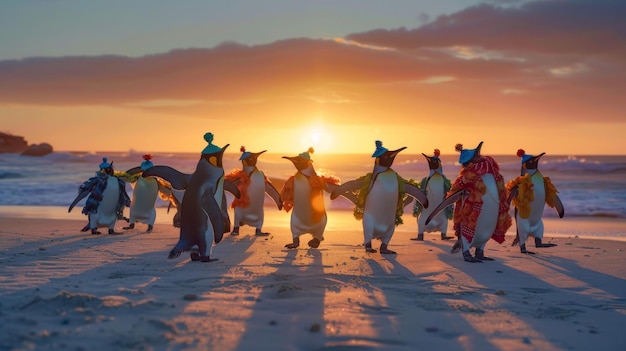 Photo a group of penguins dressed in colorful costumes performing a synchronized dance routine on a sandy