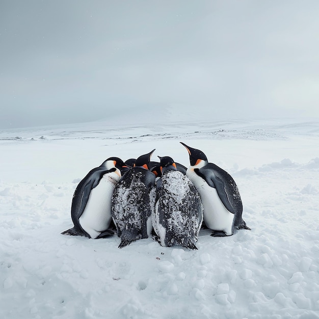 A group of penguins huddle together on a snowy plain