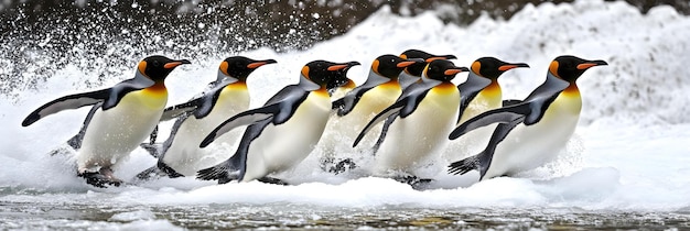 Group of penguins sliding on ice