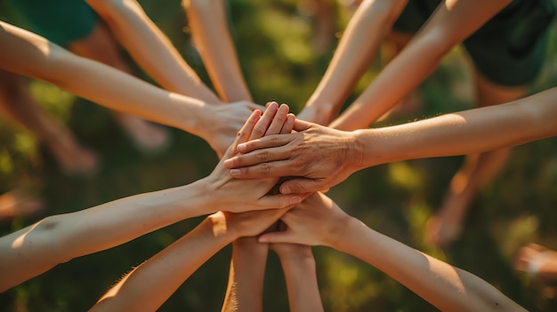 A group of people of all ages and ethnicities join their hands together to show unity and strength