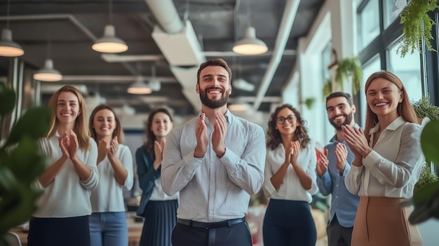 Photo group of people applauding and clapping in a meeting room