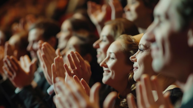 a group of people applauding something in a conference hall or auditorium